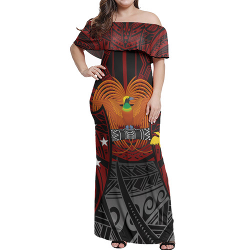 Papua New Guinea Map Patterns Flag Color Style Women Off Shoulder Long Dress