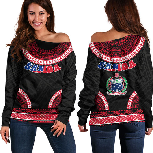 Samoa Off Shoulder Sweatshirt Tribal Pattern Flag Coat Of Arms Circle