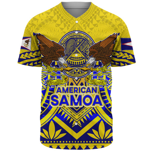 American Samoa Baseball Shirt Custom American Samoa Seal And Eagle Polynesian Tattoo Yellow