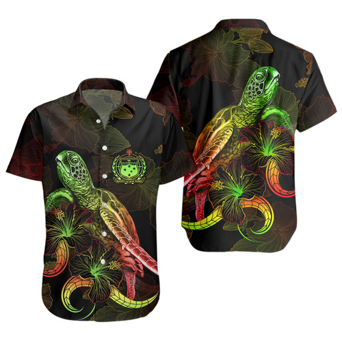 Samoa Short Sleeve Shirt Sea Turtle With Blooming Hibiscus Flowers Reggae