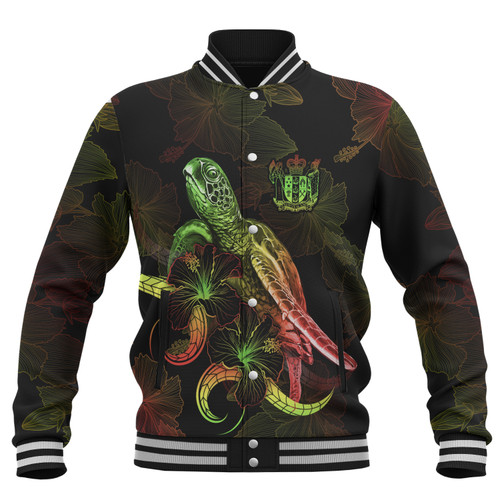 New Zealand Baseball Jacket Sea Turtle With Blooming Hibiscus Flowers Reggae