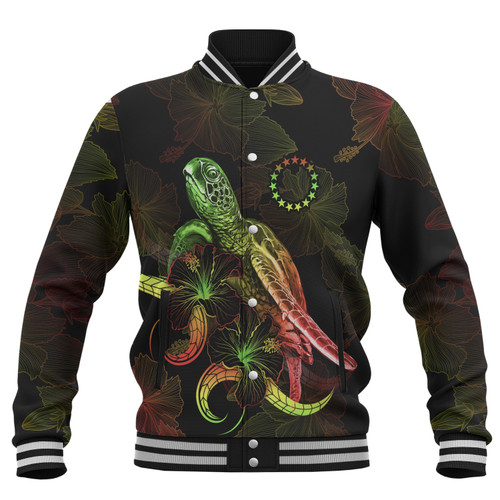 Cook Islands Baseball Jacket Sea Turtle With Blooming Hibiscus Flowers Reggae