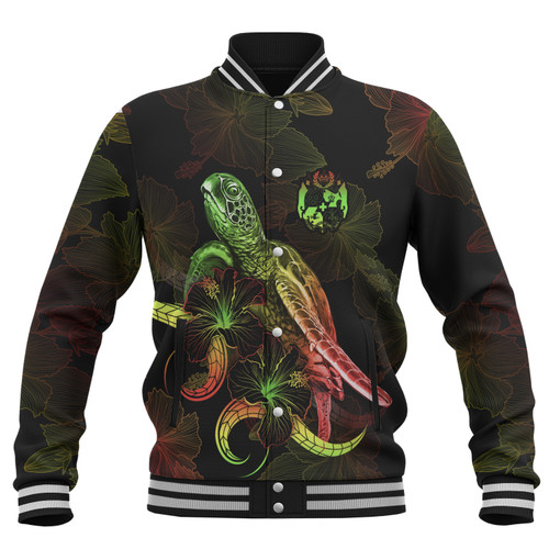 Tonga Baseball Jacket Sea Turtle With Blooming Hibiscus Flowers Reggae