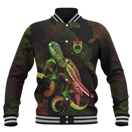 Kiribati Baseball Jacket Sea Turtle With Blooming Hibiscus Flowers Reggae