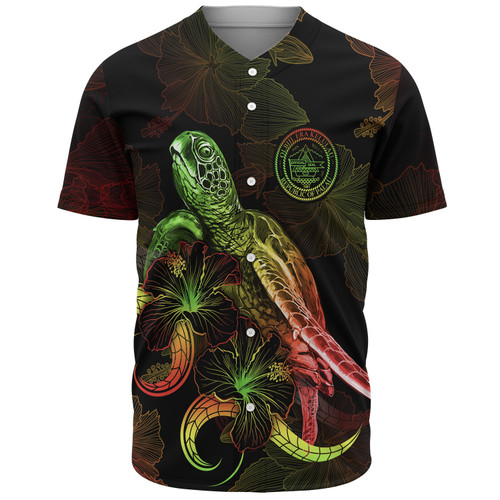 Palau Baseball Shirt Sea Turtle With Blooming Hibiscus Flowers Reggae