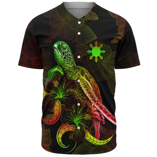 Philippines Filipinos Baseball Shirt Sea Turtle With Blooming Hibiscus Flowers Reggae