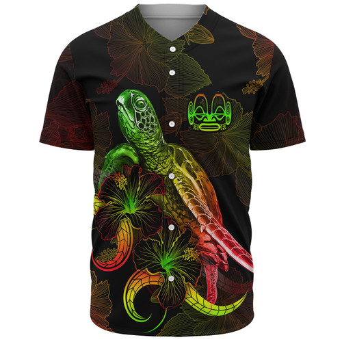 Marquesas Islands Baseball Shirt Sea Turtle With Blooming Hibiscus Flowers Reggae