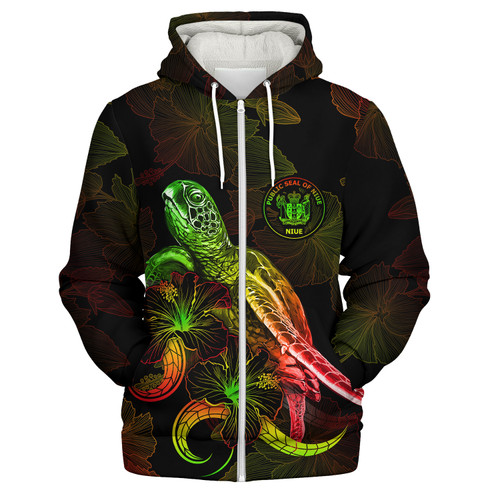 Niue Sherpa Hoodie Sea Turtle With Blooming Hibiscus Flowers Reggae