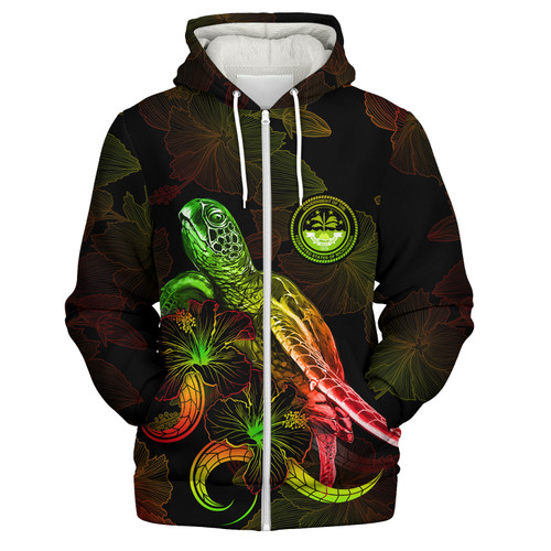 Federated States Of Micronesia Sherpa Hoodie Sea Turtle With Blooming Hibiscus Flowers Reggae