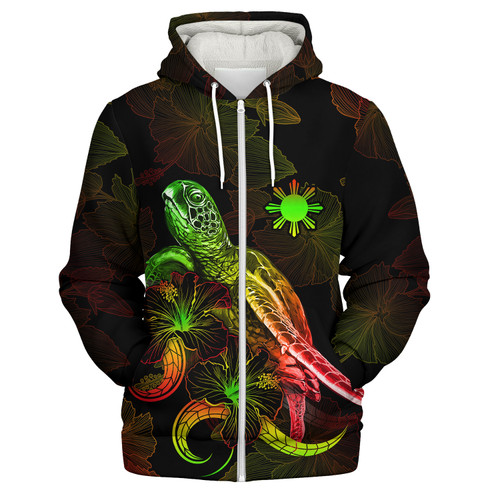 Philippines Filipinos Sherpa Hoodie Sea Turtle With Blooming Hibiscus Flowers Reggae