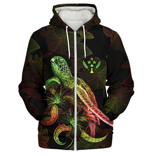 Kosrae Sherpa Hoodie Sea Turtle With Blooming Hibiscus Flowers Reggae