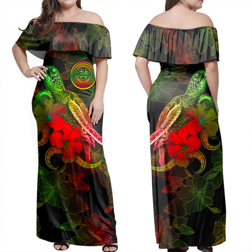 Federated States Of Micronesia Woman Off Shoulder Long Dress - Sea Turtle With Blooming Hibiscus Flowers Reggae