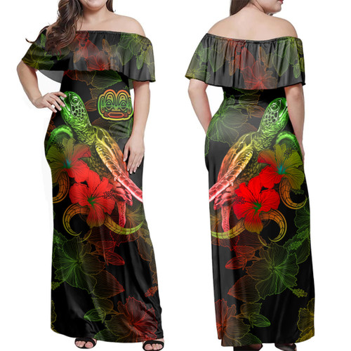 Marquesas Islands Woman Off Shoulder Long Dress - Sea Turtle With Blooming Hibiscus Flowers Reggae