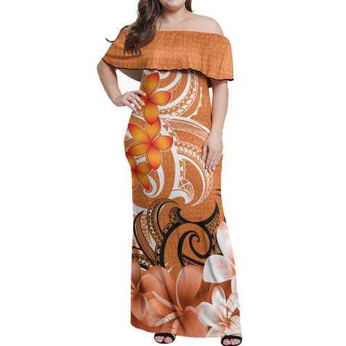 Polynesian Pattern Woman Off Shoulder Long Dress Floral Spirit Orange