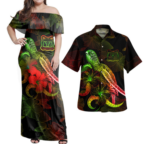Tokelau Combo Dress And Shirt - Sea Turtle With Blooming Hibiscus Flowers Reggae