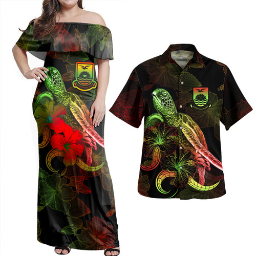Kiribati Combo Dress And Shirt - Sea Turtle With Blooming Hibiscus Flowers Reggae