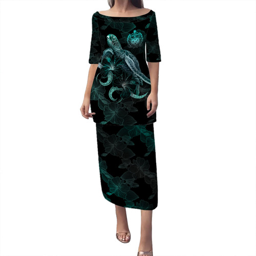 Samoa Puletasi - Sea Turtle With Blooming Hibiscus Flowers Turquoise