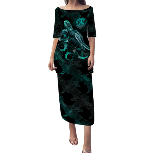 Federated States Of Micronesia Puletasi - Sea Turtle With Blooming Hibiscus Flowers Turquoise