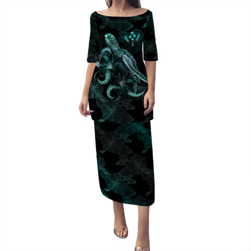 Kosrae Puletasi - Sea Turtle With Blooming Hibiscus Flowers Turquoise