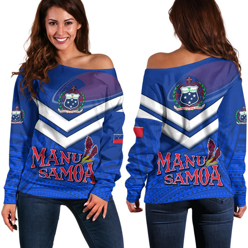 Samoa Off Shoulder Sweatshirt Samoa Tradition Patterns With Rugby Ball