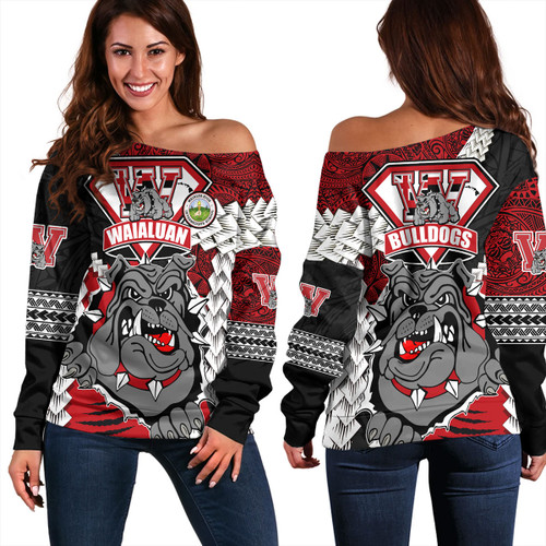 Hawaii Off Shoulder Sweatshirt Custom Waialua High & Intermediate School Bulldogs Pride Polynesian Style
