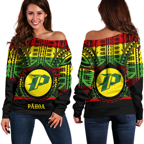 Hawaii Off Shoulder Sweatshirt Pāhoa High & Intermediate Shool Reggae Color Polynesian