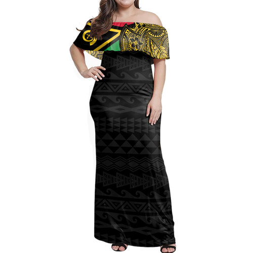 Vanuatu Woman Off Shoulder Long Dress Polynesian Flag With Coat Of Arms