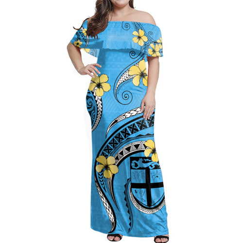 Fiji Woman Off Shoulder Long Dress Bula Style Plumeria Flower