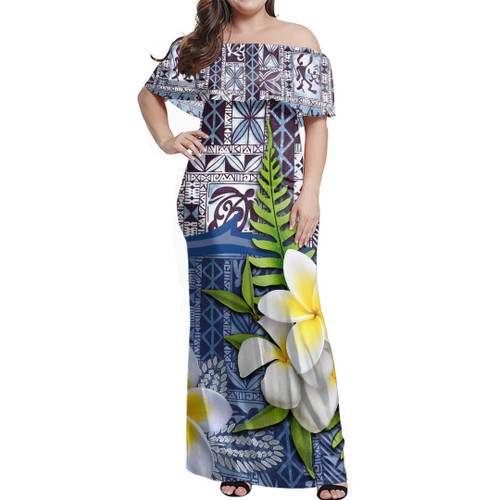 Fiji Woman Off Shoulder Long Dress Tapa Turtle Plumeria