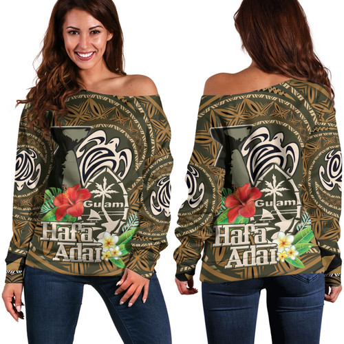 Guam Custom Personalised Off Shoulder Sweatshirt Hafa Adai Seal Flower Tropical Retro Style