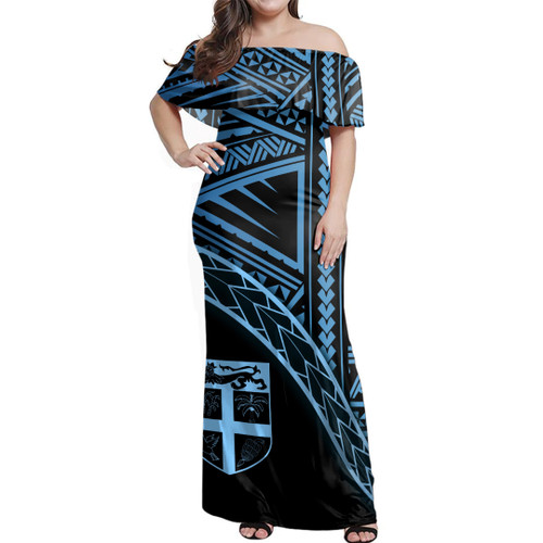 Fiji Woman Off Shoulder Long Dress Polynesian Tribal Coat Of Arms
