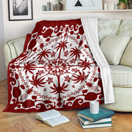 Hawaii Premium Blanket Red Hawaii Pattern Palm Trees and Turtles Polynesian