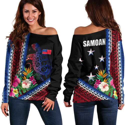 Samoa Off Shoulder Sweatshirt Polynesia Pattern With Tropical Flower
