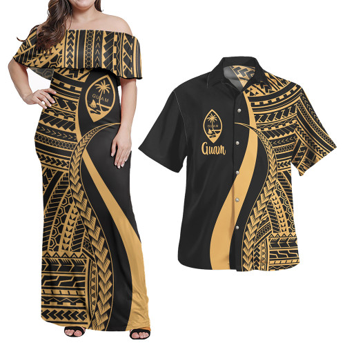 Guam Combo Dress And Shirt - Polynesian Tentacle Tribal Pattern Gold