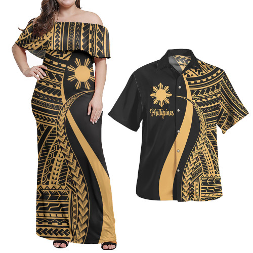 Philippines Combo Dress And Shirt - Polynesian Tentacle Tribal Pattern Gold