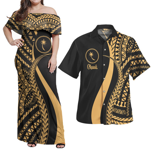 Chuuk Combo Dress And Shirt - Micronesian Tentacle Tribal Pattern Gold
