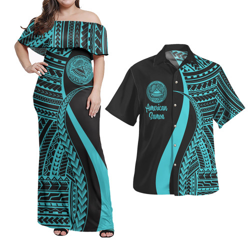 American Samoa Combo Dress And Shirt - Polynesian Tentacle Tribal Pattern Turquoise