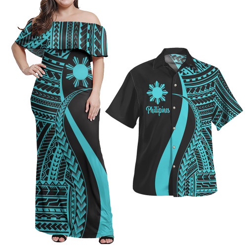 Philippines Combo Dress And Shirt - Polynesian Tentacle Tribal Pattern Turquoise