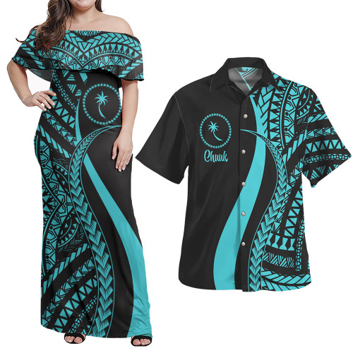 Chuuk Combo Dress And Shirt - Micronesian Tentacle Tribal Pattern Turquoise
