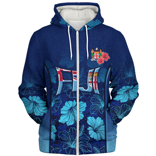 Fiji Sherpa Hoodie Fijian Traditional Patterns Hibiscus Flowers