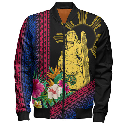 Philippines Filipinos Bomber Jacket Lapu Lapu Polynesia Pattern With Tropical Flower