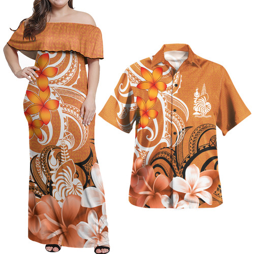 New Caledonia Polynesian Pattern Combo Dress And Shirt - Floral Spirit Orange