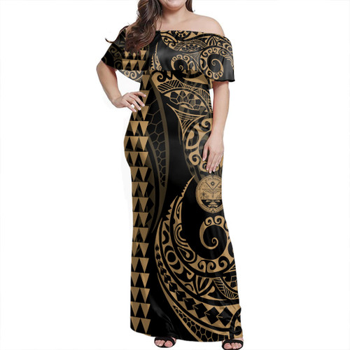 Marshall Islands Off Shoulder Long Dress Kakau Style Gold
