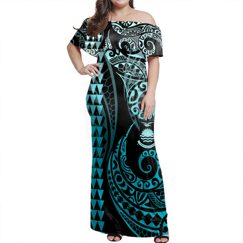 Kiribati Off Shoulder Long Dress Kakau Style Turquoise