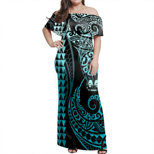 Marquesas Islands Off Shoulder Long Dress Kakau Style Turquoise