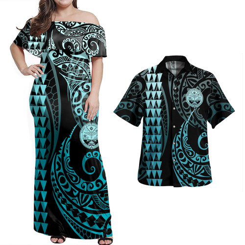 Marshall Islands Combo Dress And Shirt Kakau Style Turquoise