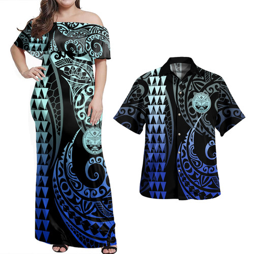 Marshall Islands Combo Dress And Shirt Kakau Style Gradient Blue