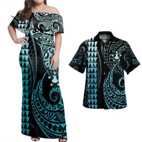Austral Islands Combo Dress And Shirt Kakau Style Turquoise