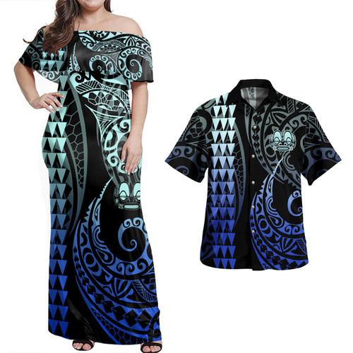Marquesas Islands Combo Dress And Shirt Kakau Style Gradient Blue
