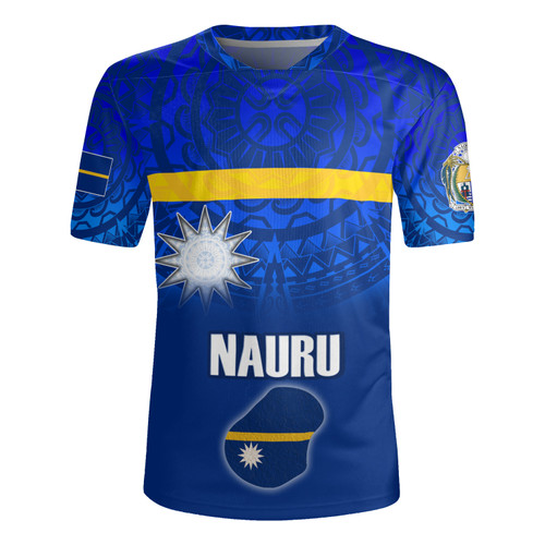 Nauru Flag Color With Traditional Patterns Men's All Over Printing Rugby Jersey